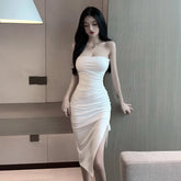 2025 Summer Women's Sexy Temperament Pleated Wrapped Chest backless Tight Solid Color Wrap buttocks Split Mid length Dress CAQM